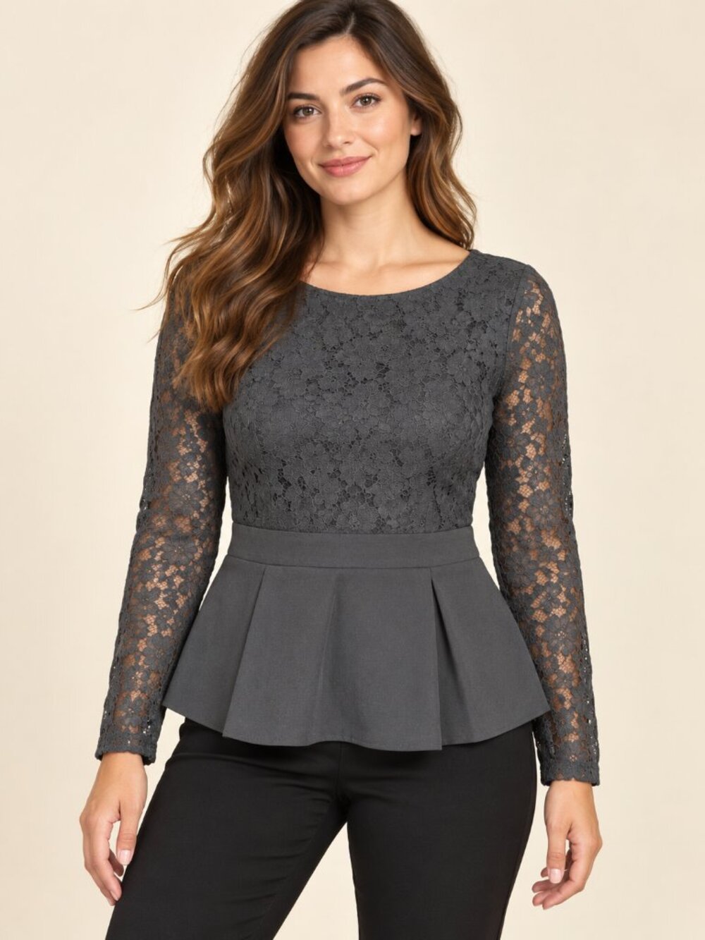 Angeleye London Black Lace Peplum Top with Long Sleeves
